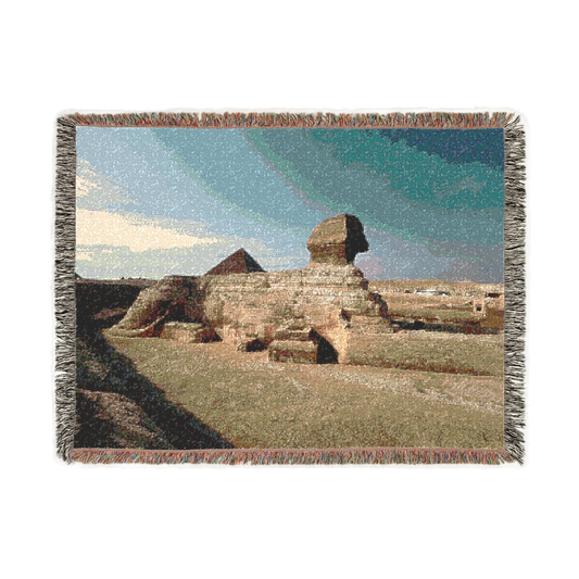 woven blanket featuring great sphinx with pyramid of Khufu in the background size: 80''x60''