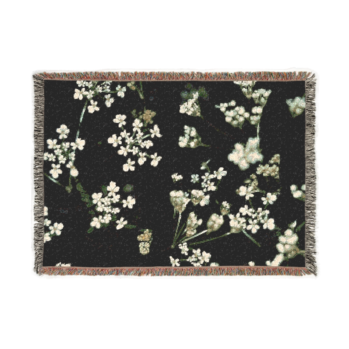 woven blanket featuring white little flowers on black background
