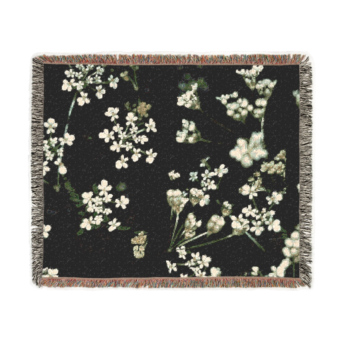 woven blanket featuring white little flowers on black background