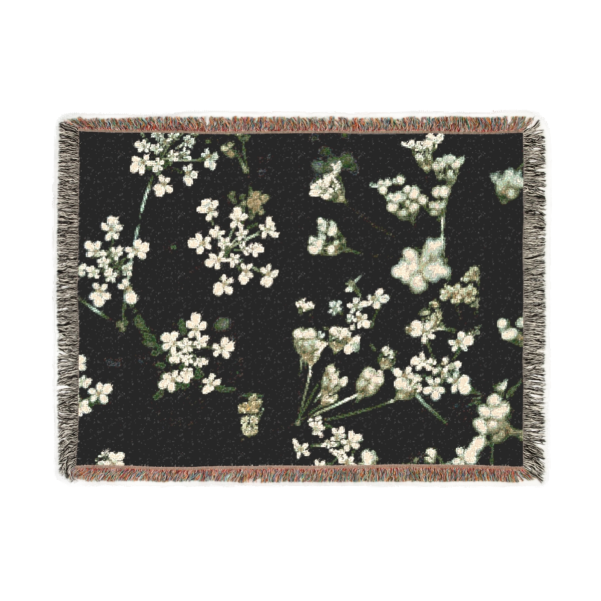 woven blanket featuring white little flowers on black background