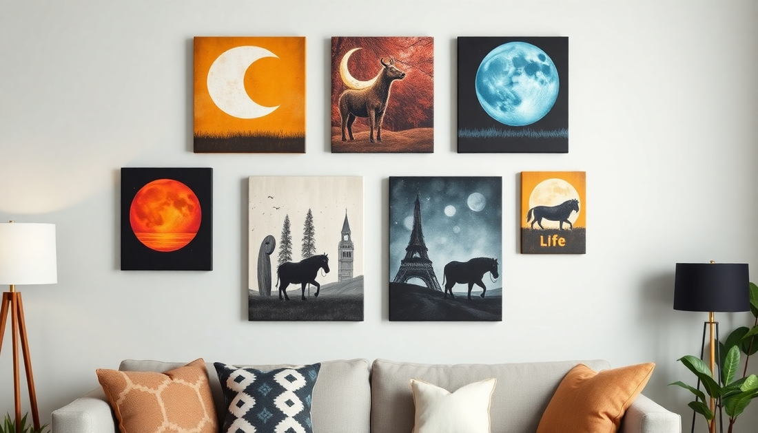 wall decorated with mane canvas in different sizes featuring differently themed designs