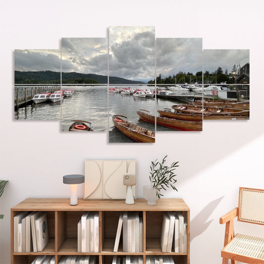 10 Decorative Sound Absorbing Wall Panels featuring a serene lake with boats and cloudy sky above a wooden shelf