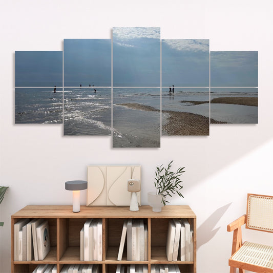 Gallery wall art display of 10 Decorative Sound Absorbing Panels featuring Blackpool Beach Landscape. Over console