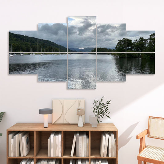 Windermere Lake Landscape 10 Decorative Sound Absorbing Wall Panels multi panel lake scene hung above a wooden shelf