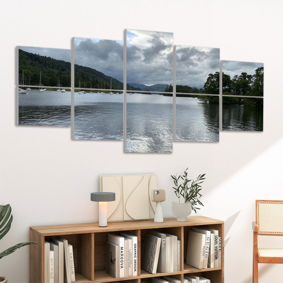 Windermere Lake Landscape 10 Decorative Sound Absorbing Wall Panels scenic lake view with sailboats across five staggered panels