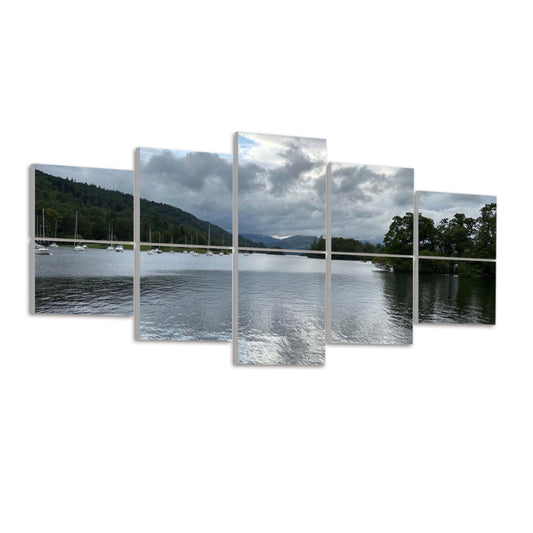 Windermere Lake Landscape 10 Decorative Sound Absorbing Wall Panels five panel lake print showing boats trees and cloudy sky