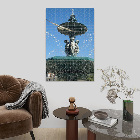 1000-piece oak wood jigsaw puzzle showing a seagull flying toward the camera with a fountain and blue sky in Lisbon, in full vibrant color, size 19.7" x 29.5"