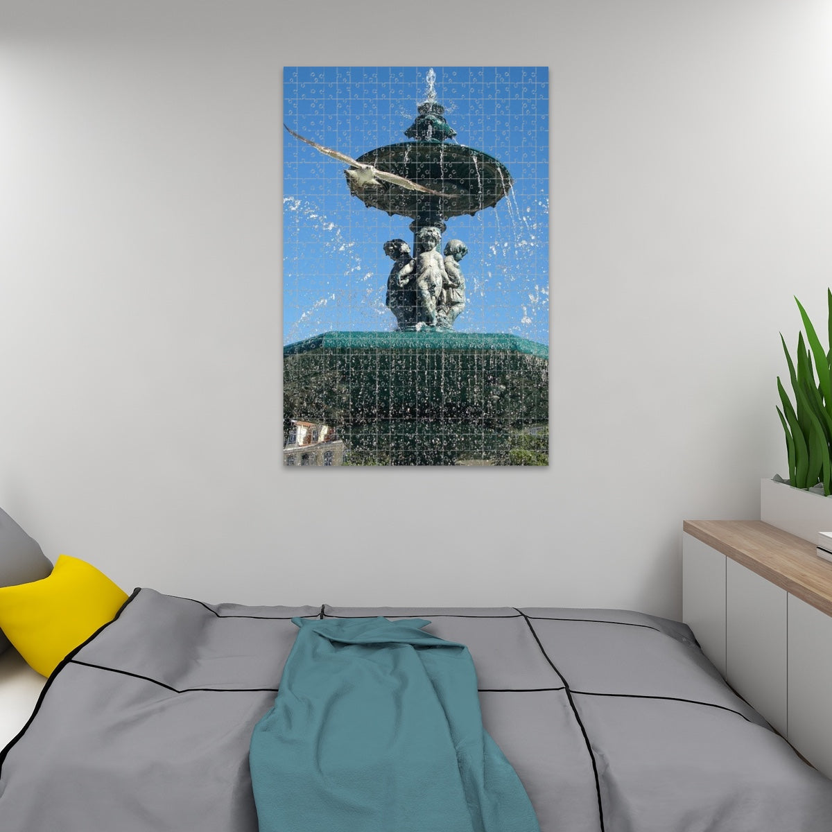 1000-piece oak wood jigsaw puzzle showing a seagull flying toward the camera with a fountain and blue sky in Lisbon, in full vibrant color, size 19.7" x 29.5"