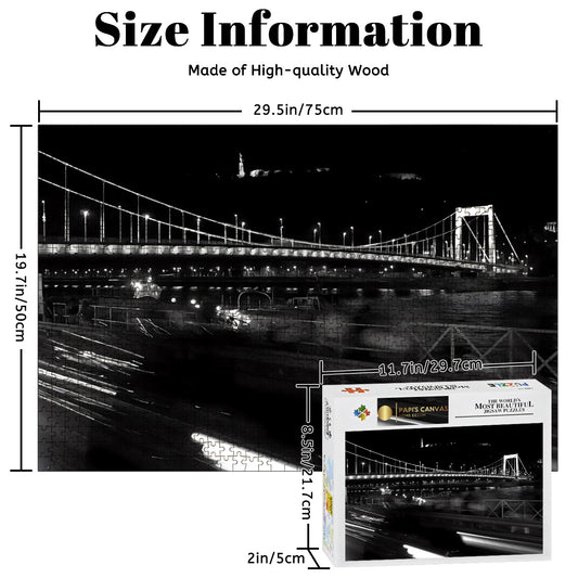 Full color photo of a historic bridge in Budapest with architectural buildings in the background.