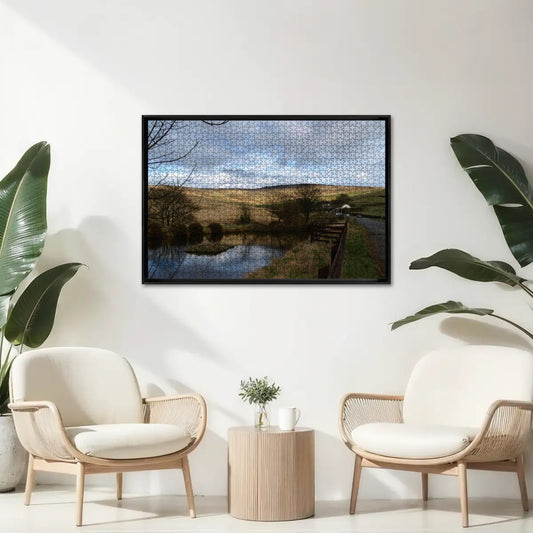 1000-piece oak wood jigsaw puzzle featuring a full color British landscape. Rich detail, peaceful rural scene. Size: 29.5" x 19.7".