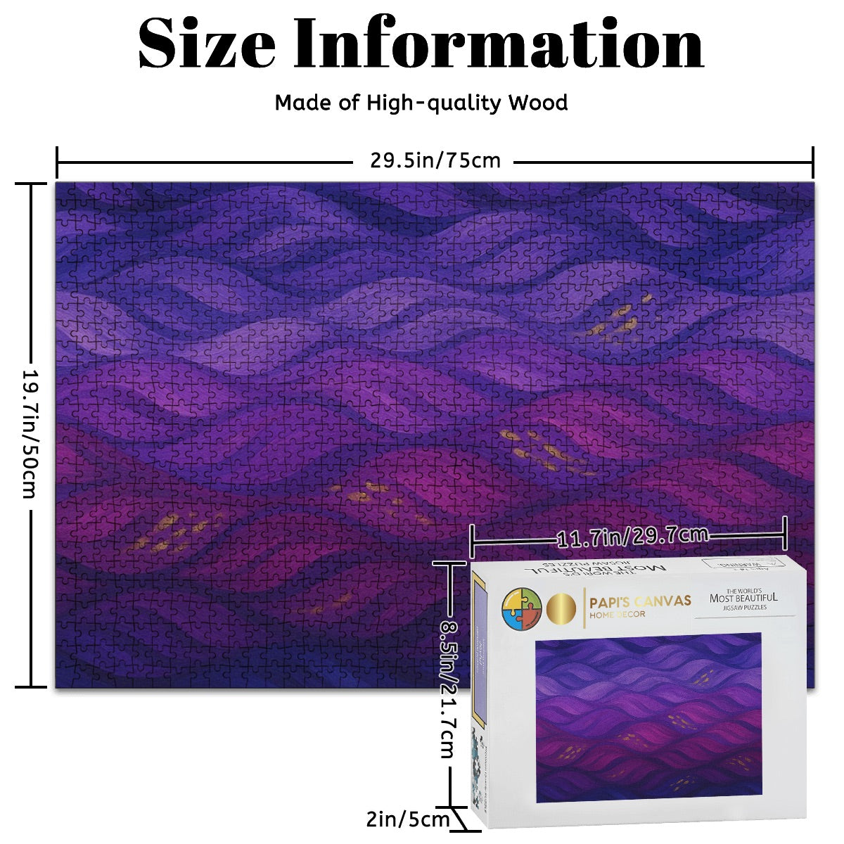 size informations: Full color wooden jigsaw puzzle with abstract amethyst waves and golden highlights, 1000 oak pieces