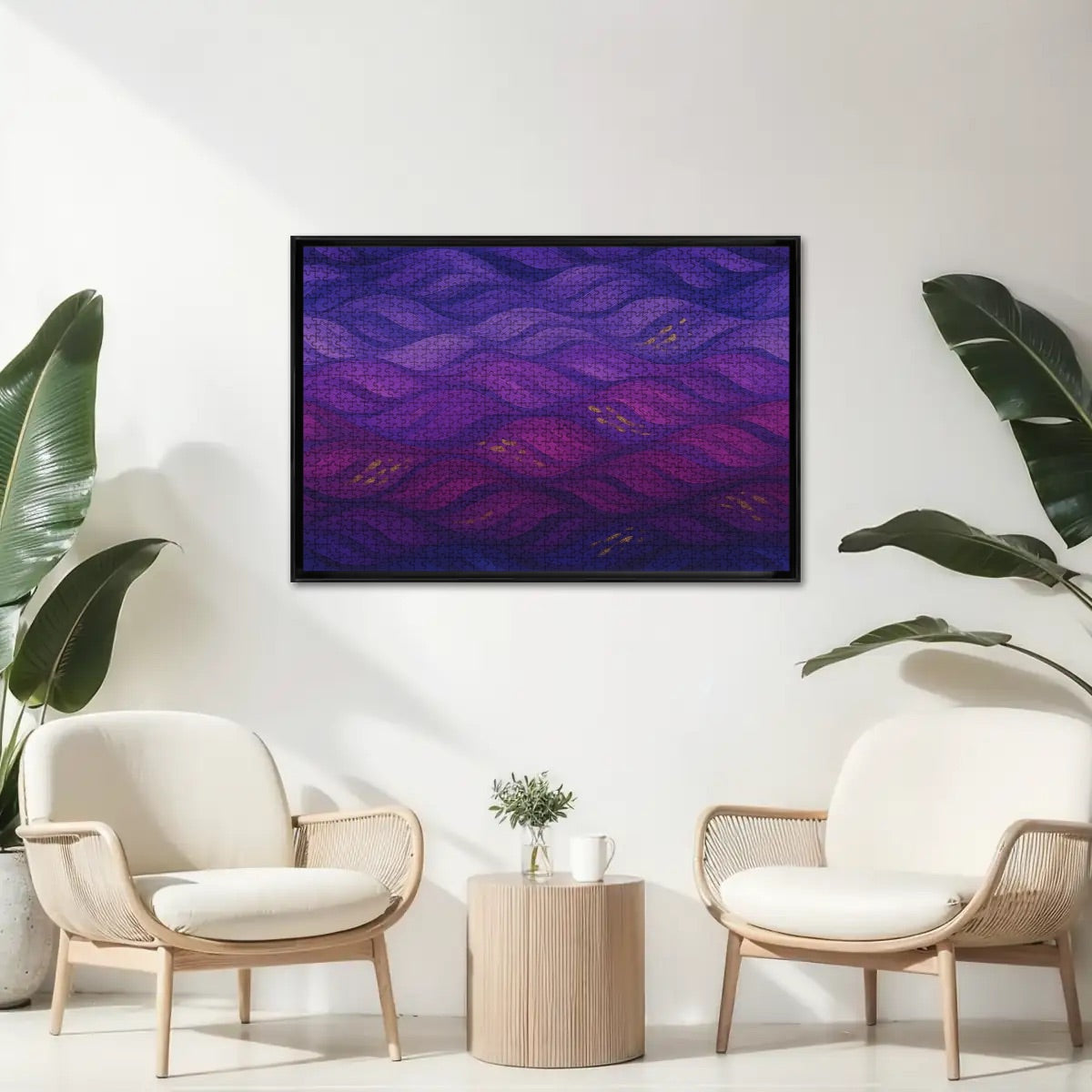 mockup room with Full color wooden jigsaw puzzle with abstract amethyst waves and golden highlights, 1000 oak pieces on the wall