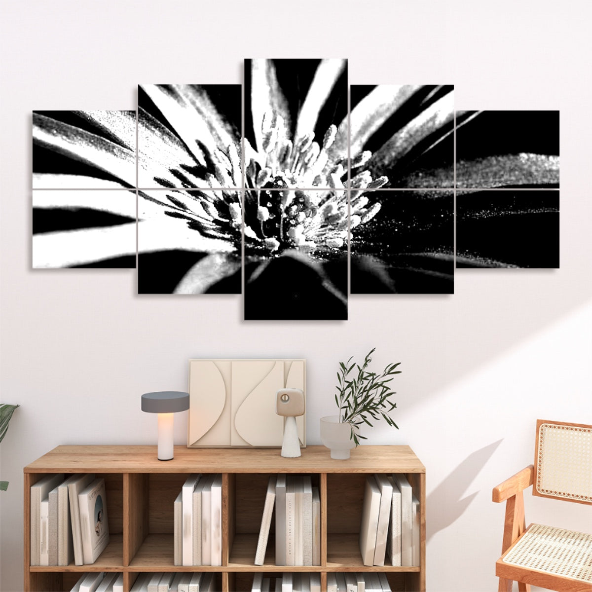 Black and white version of a close-up purple anemone flower with detailed center, displayed on 10 decorative acoustic panels with high contrast tones.