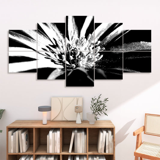Black and white version of a close-up purple anemone flower with detailed center, displayed on 10 decorative acoustic panels with high contrast tones.