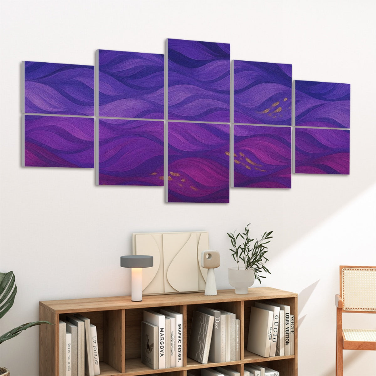 Angled view of full color Gilded Amethyst Currents panels showing layered purples and gold tones from the left perspective.