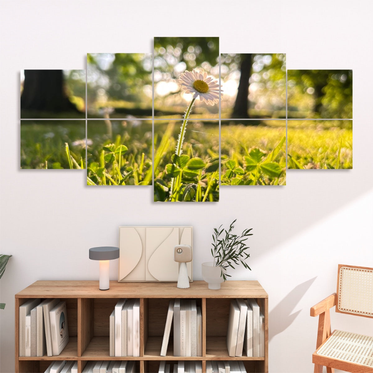 Sunlit daisy standing in green grass with a golden background, displayed in full color across 10 floral decorative sound absorbing wall panels.