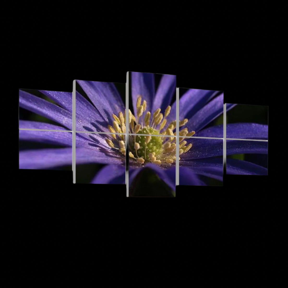 Left-angled view of 10 decorative sound absorbing panels featuring a purple anemone flower in full color.