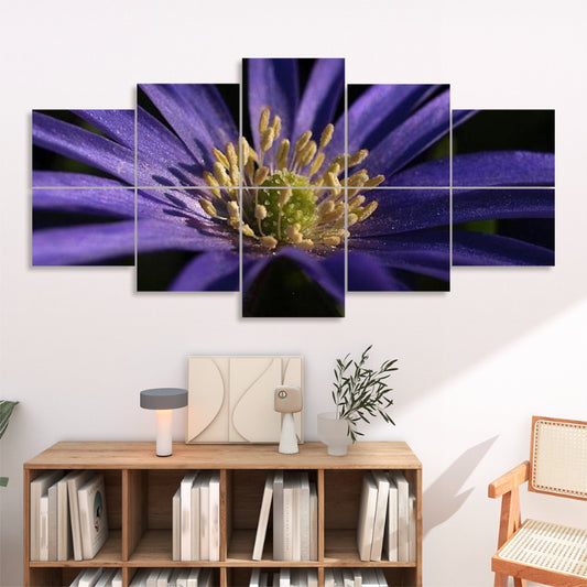 Macro photo of a vibrant purple anemone flower with yellow center, divided into 10 floral acoustic wall panels on a black background.