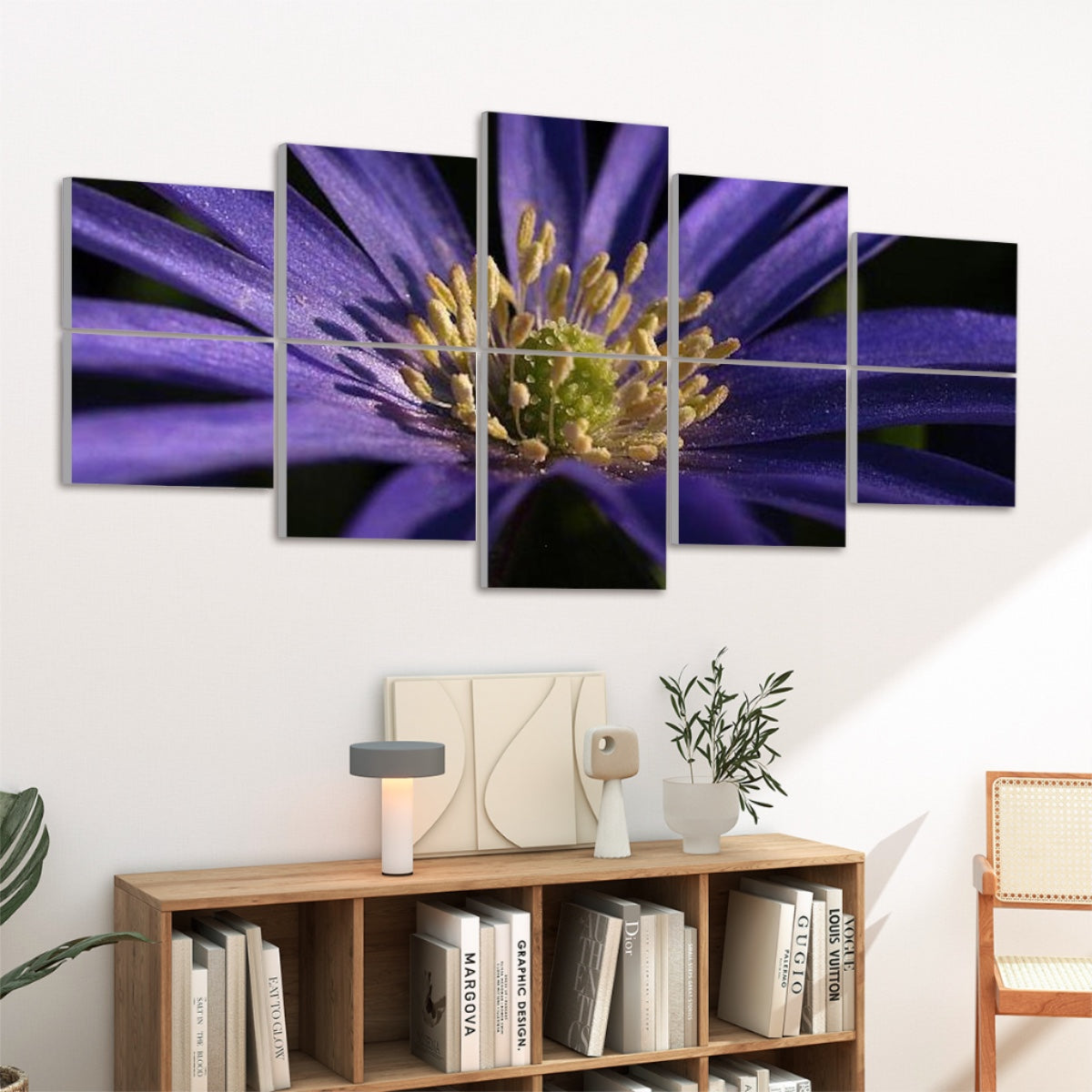 Left-angled view of 10 decorative sound absorbing panels featuring a purple anemone flower in full color.