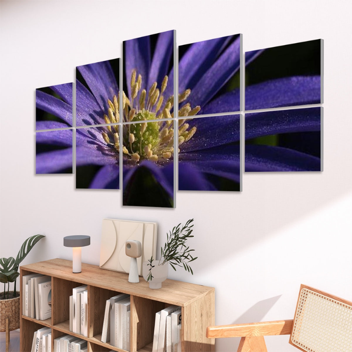 Right-angled view of purple anemone macro photo displayed on 10 floral acoustic panels.