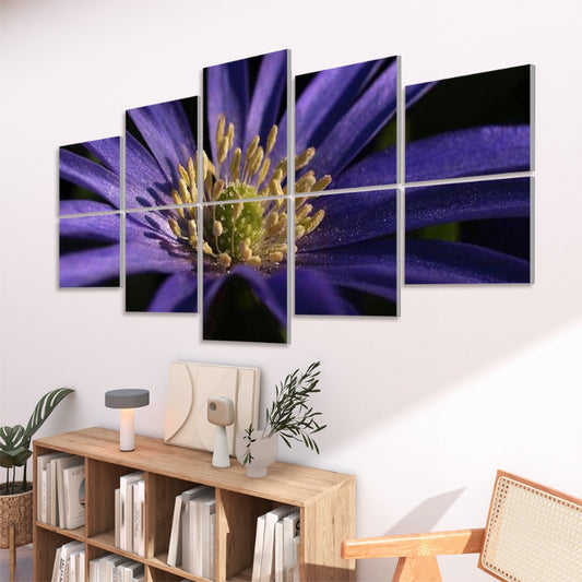 Right-angled view of purple anemone macro photo displayed on 10 floral acoustic panels.