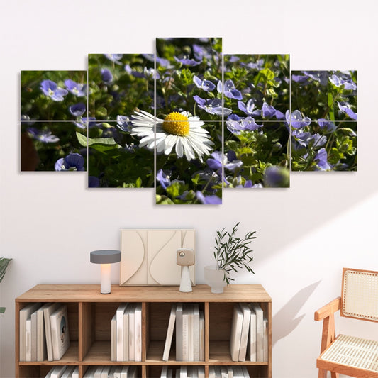 Close-up of a white daisy with a yellow center surrounded by purple flowers, arranged in full color across 10 floral decorative sound absorbing wall panels.