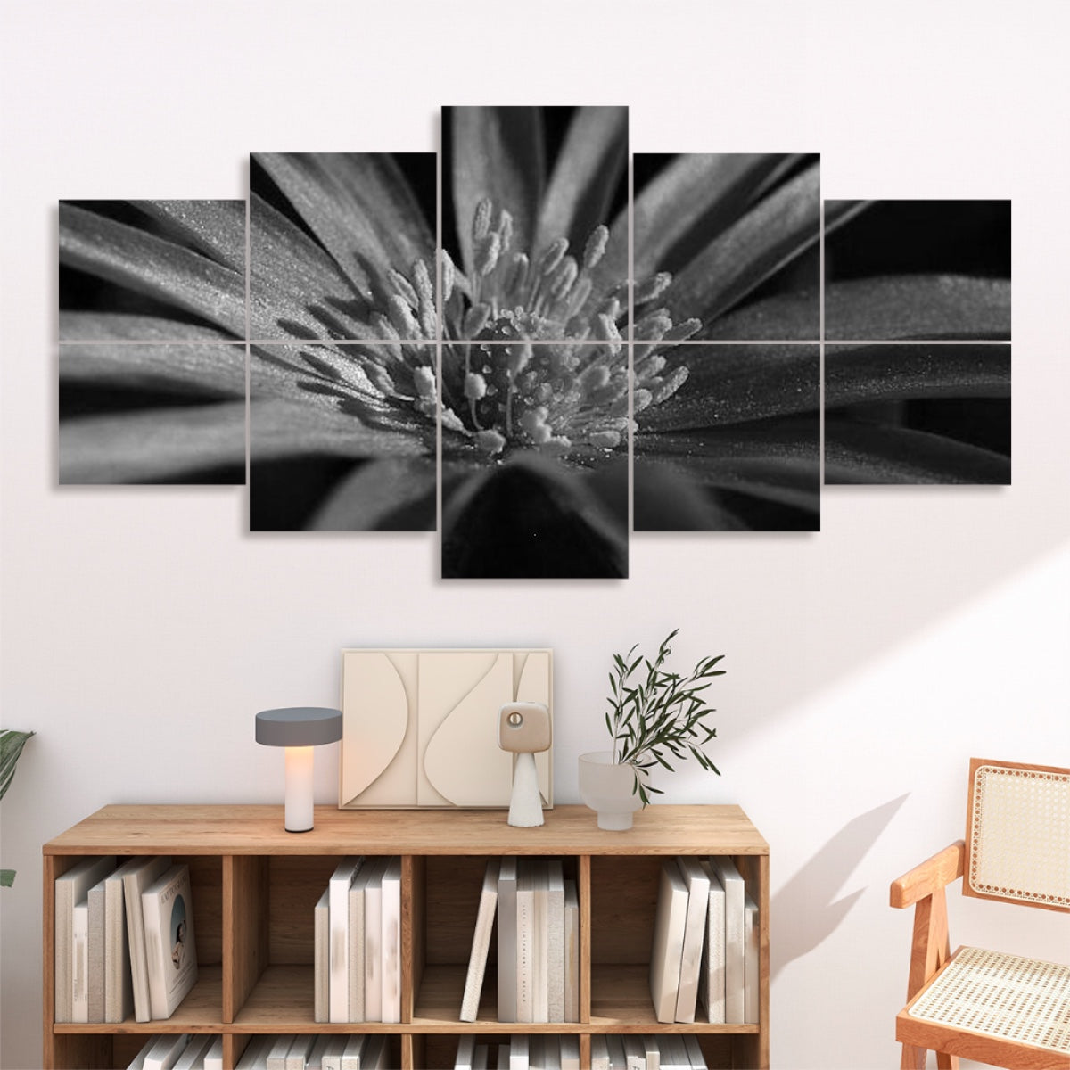 Grayscale macro photo of an anemone flower with soft shading and balanced tones, spanning 10 floral sound absorbing wall panels.