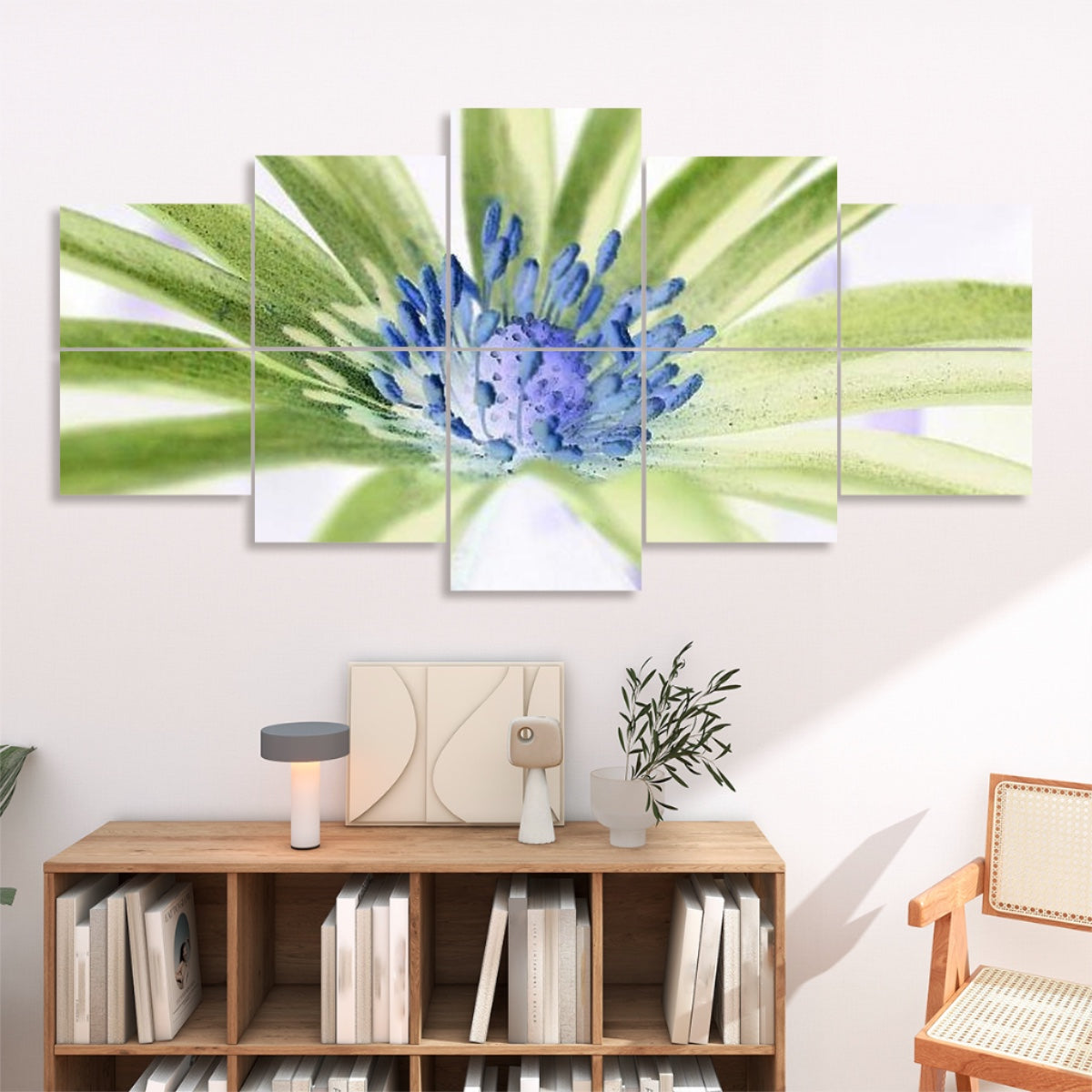 Inverted color version of a macro anemone flower with striking high-contrast colors and glowing center, displayed on 10 floral sound absorbing panels.