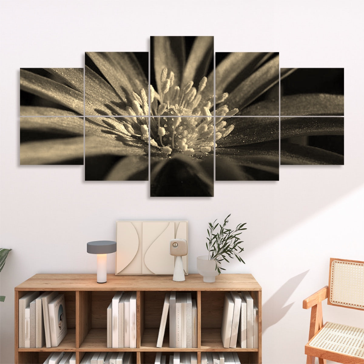 Sepia-toned close-up of an anemone flower with warm brown hues and vintage atmosphere, arranged on 10 acoustic panels for decorative wall treatment.