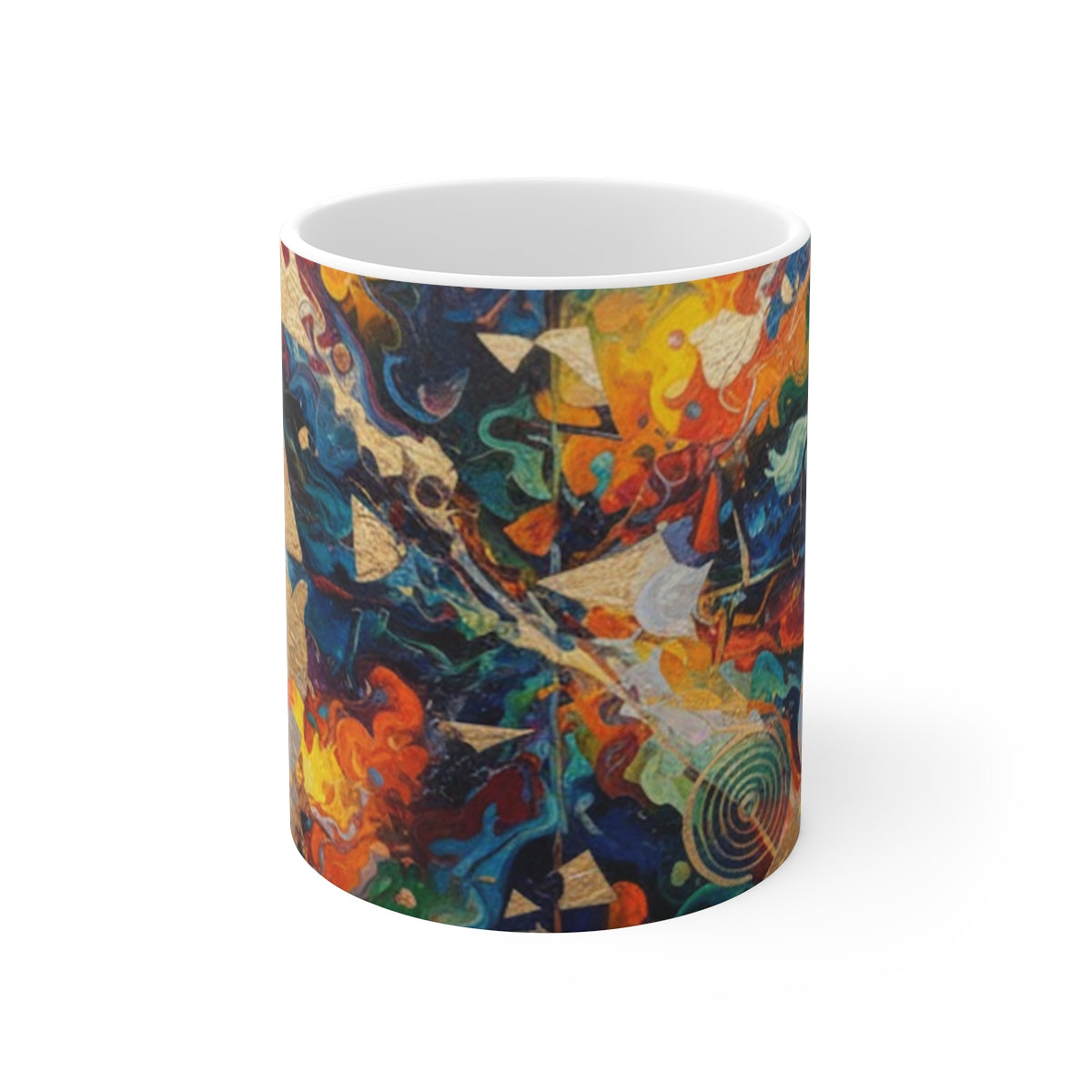 Made in UK 11oz Ceramic Colourful Explosion Abstract Art Coffee Mug featuring vibrant multi-colored design