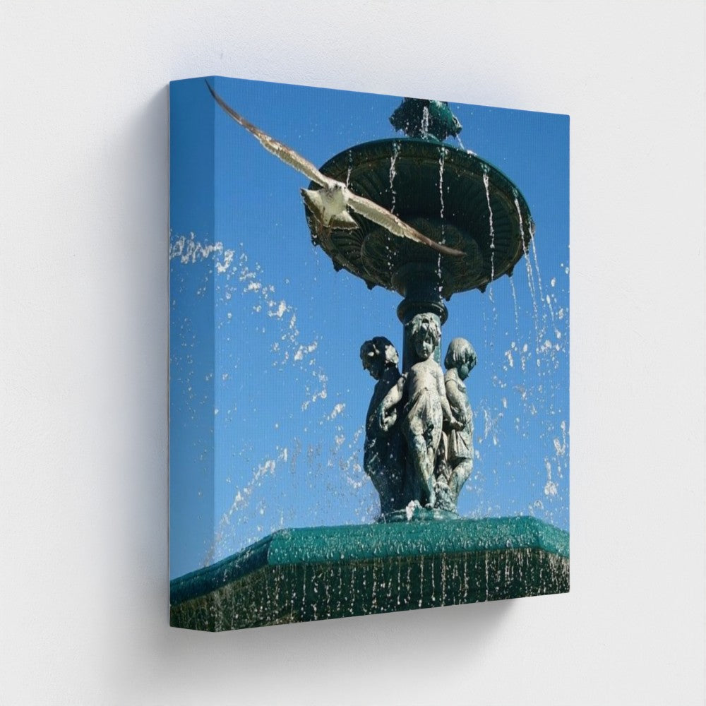 eco-friendly recycled canvas print showing a side profile of a seagull over an ornate fountain, highlighting intricate water flow