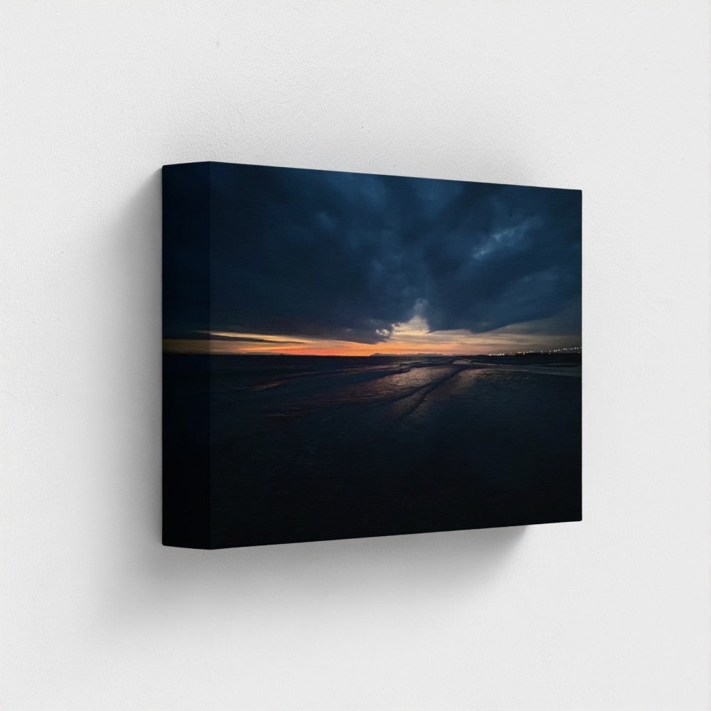 Eco Canvas Print Blackpool Sunset, pink sky blending into deep purple horizon above gentle sea swells and a sandy beach