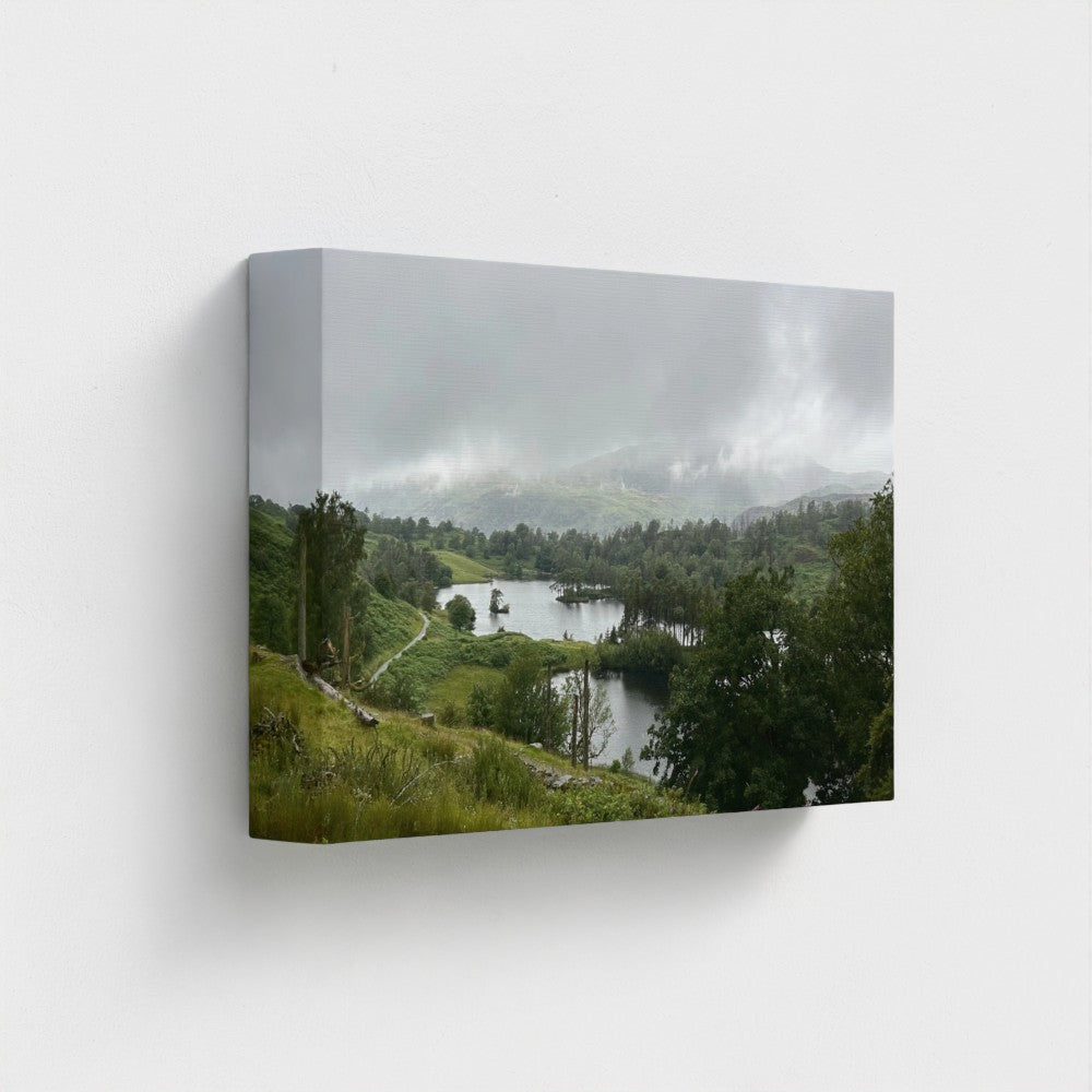 Recycled Canvas Wall Art Tarn Hows Lake District Landscape wide rectangular view with curving path on left and layered fog softening distant fells.