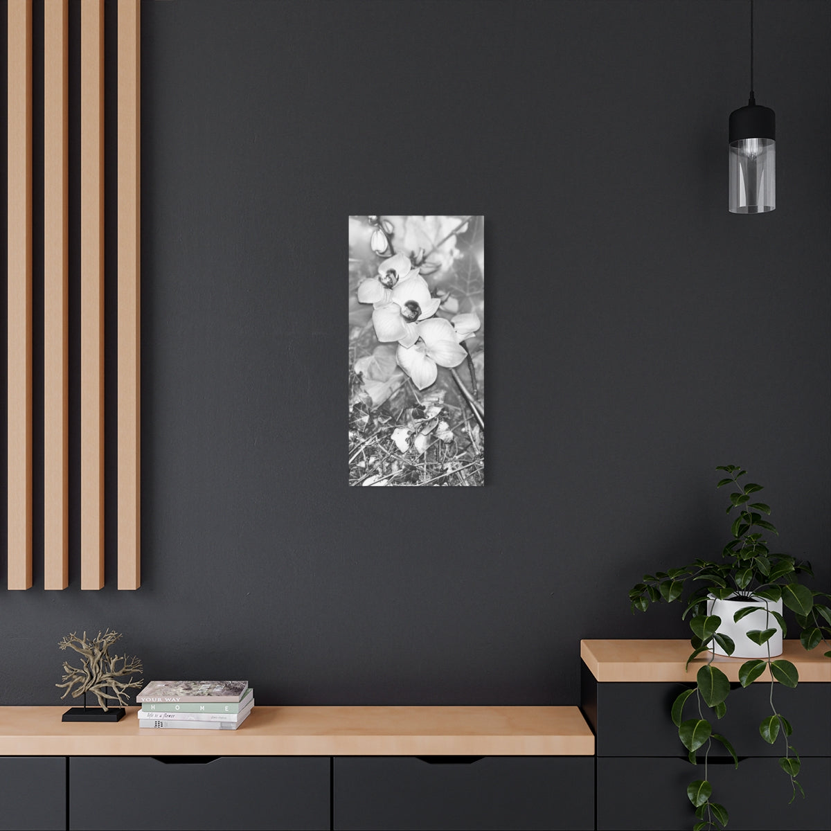 black and white canvas featuring close up of orchids, vertical, size: 15''x30''