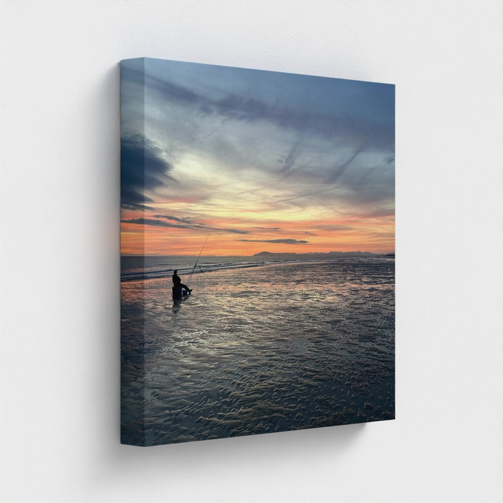 Green Wall Art Blackpool Beach Red Sunset: square canvas showing red horizon over sea with a lone figure