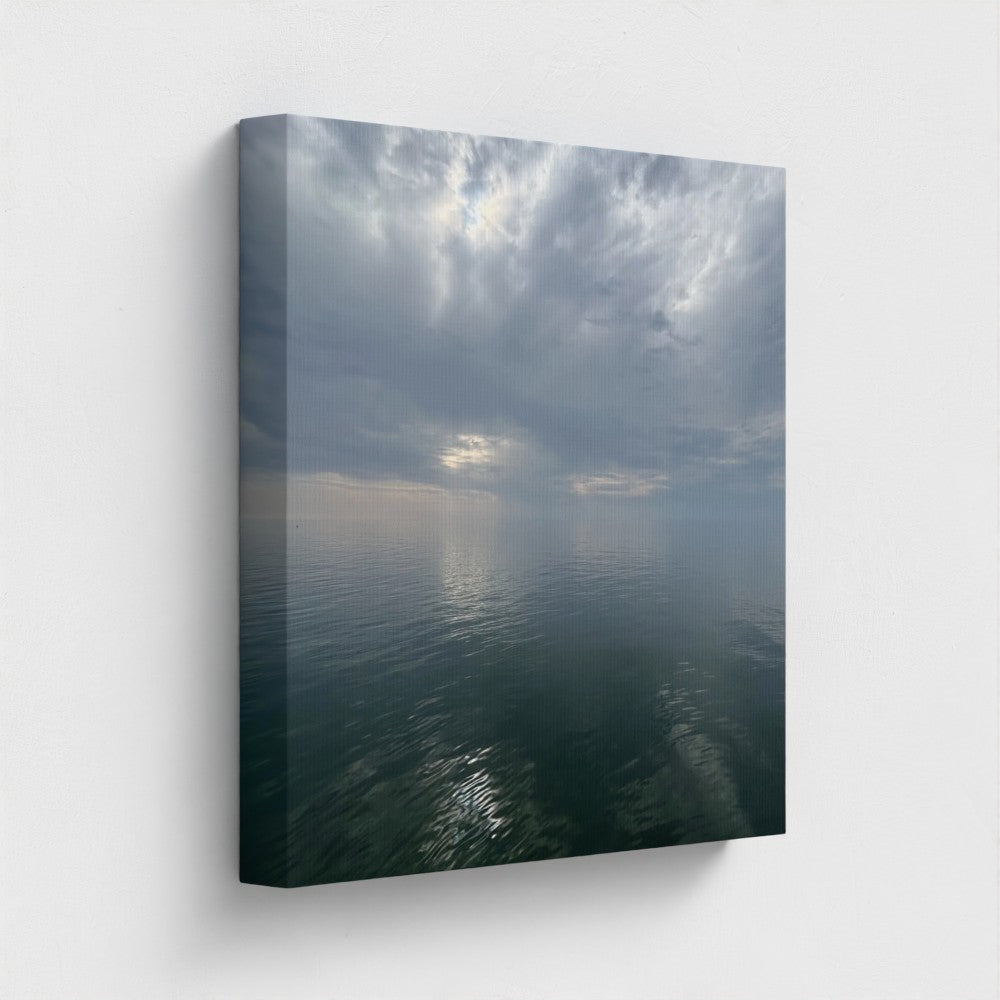 16''x16'' square side-view of sustainable canvas art capturing cloud reflections on water