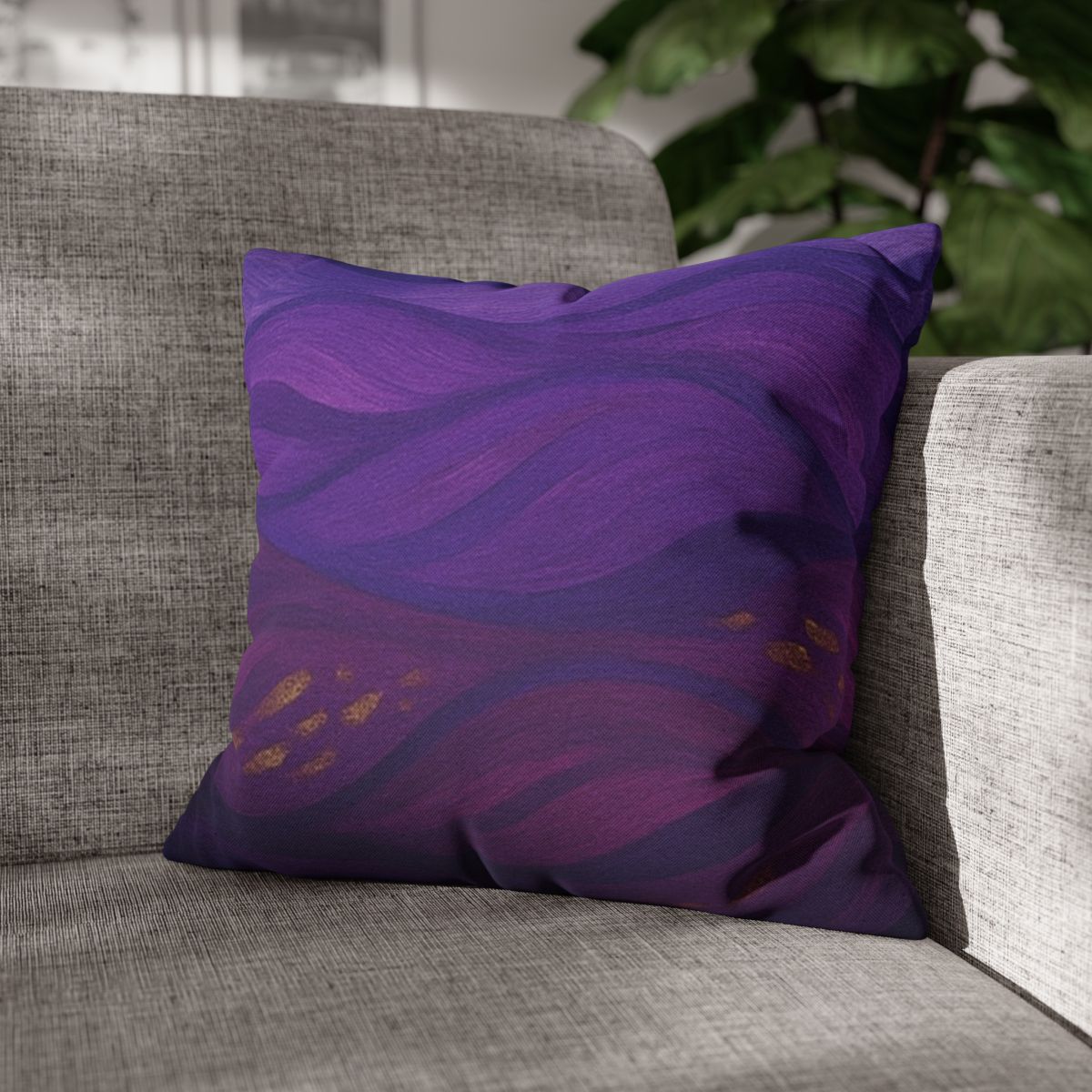 16" × 16" Abstract Wave pillowcase in Gilded Amethyst placed in the corner of a gray sofa