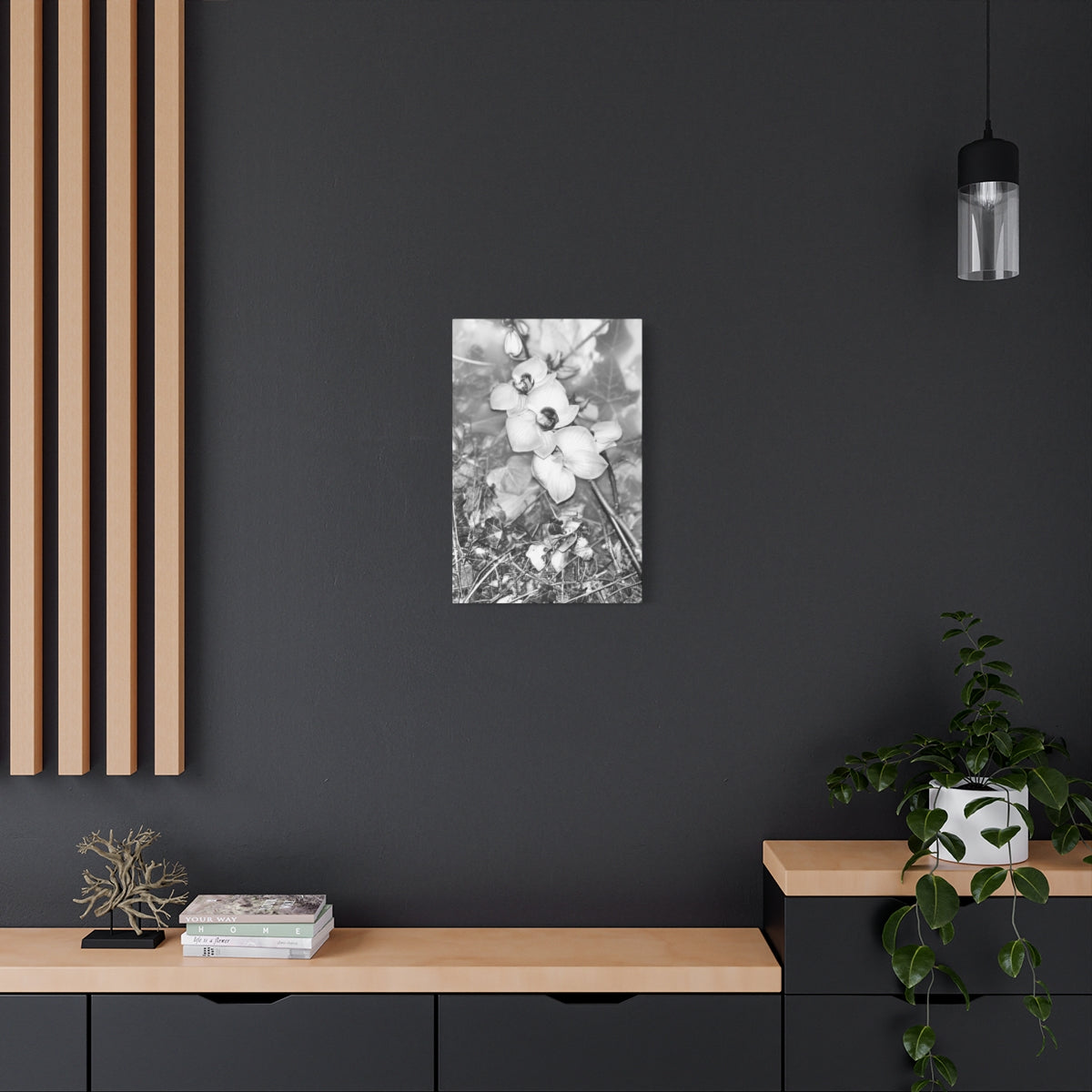 black and white canvas featuring close up of orchids, vertical, size: 16''x24''