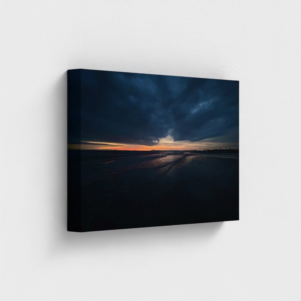 Eco Canvas Print Blackpool Beach Sunset, view of vivid orange sky fading to purple above the calm Irish Sea with waves lapping the shore