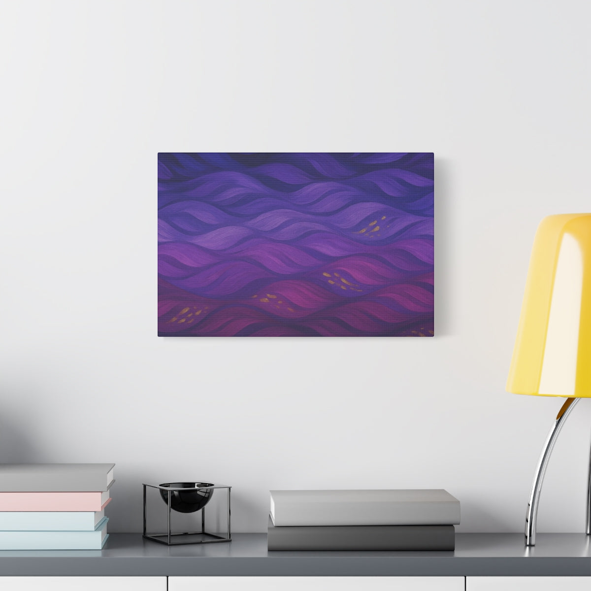 front view 18''x12'' Abstract canvas artwork with fluid plum and violet waves, accented by soft golden highlights and layered with tonal depth