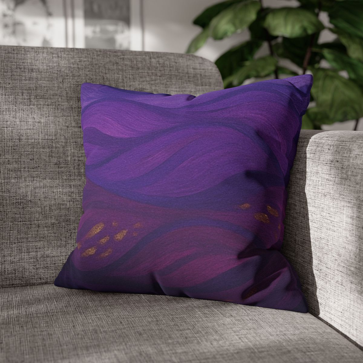 18" × 18" Abstract Wave pillowcase in Gilded Amethyst placed in the corner of a gray sofa