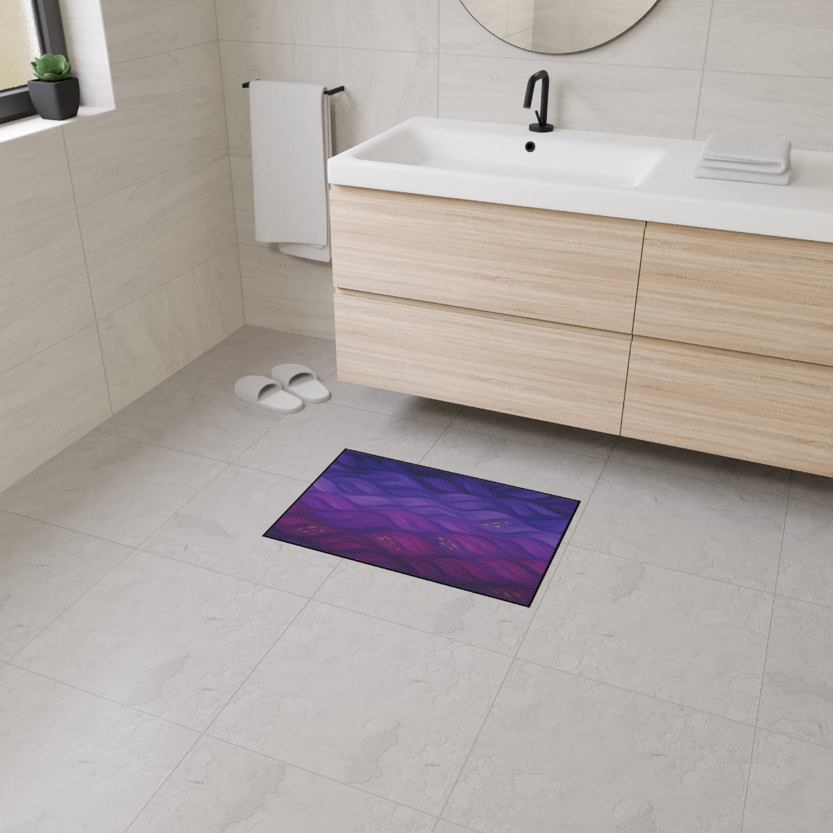 18x27 inch mat featuring a swirling, layered purple design with soft gold accents, shown in a modern bathroom for a bold accent touch.