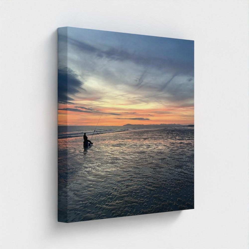 Green Wall Art Blackpool Beach Red Sunset: square print with fiery red sky and silhouetted fisherman side view