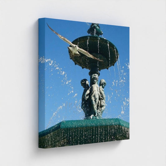 eco-friendly recycled canvas print showcasing a large side perspective of a seagull in flight above a detailed fountain
