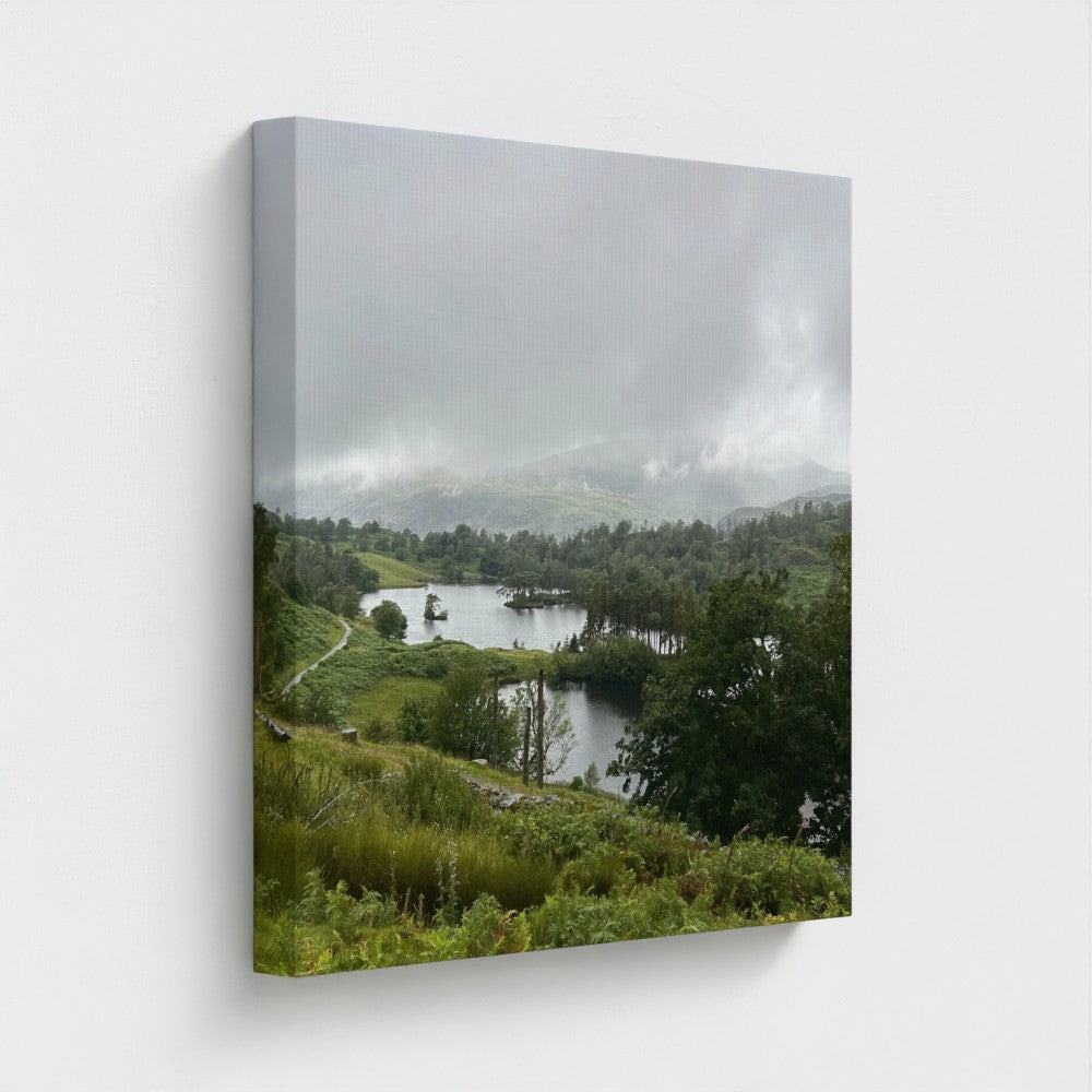 Recycled Canvas Wall Art Tarn Hows Lake District Landscape side angle showing wrapped grey toned edges and subtle canvas texture.