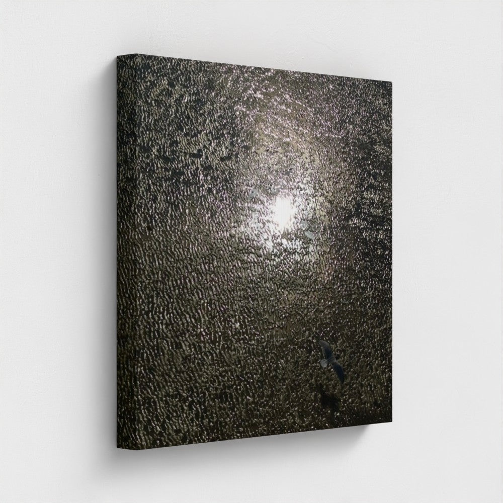20'' x 20'' vegan canvas angled side view with rippled beach surface and single bird