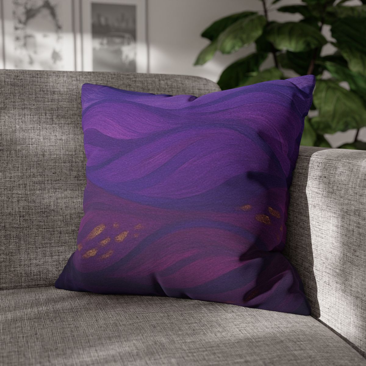 20" × 20" Abstract Wave pillowcase in Gilded Amethyst placed in the corner of a gray sofa
