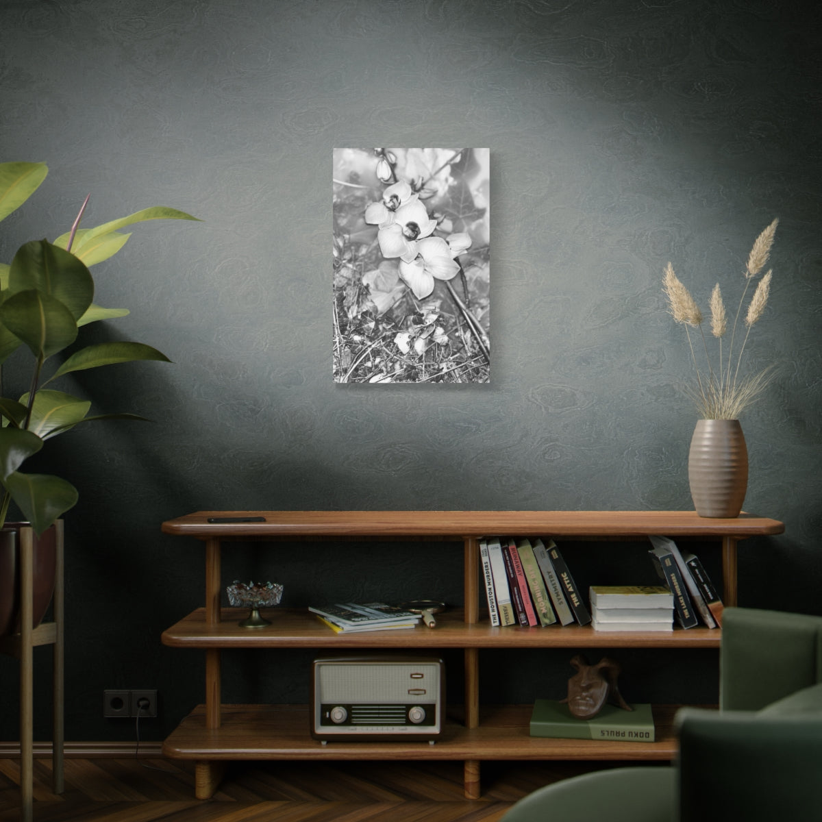 black and white canvas featuring close up of orchids, vertical, size: 20''x30''