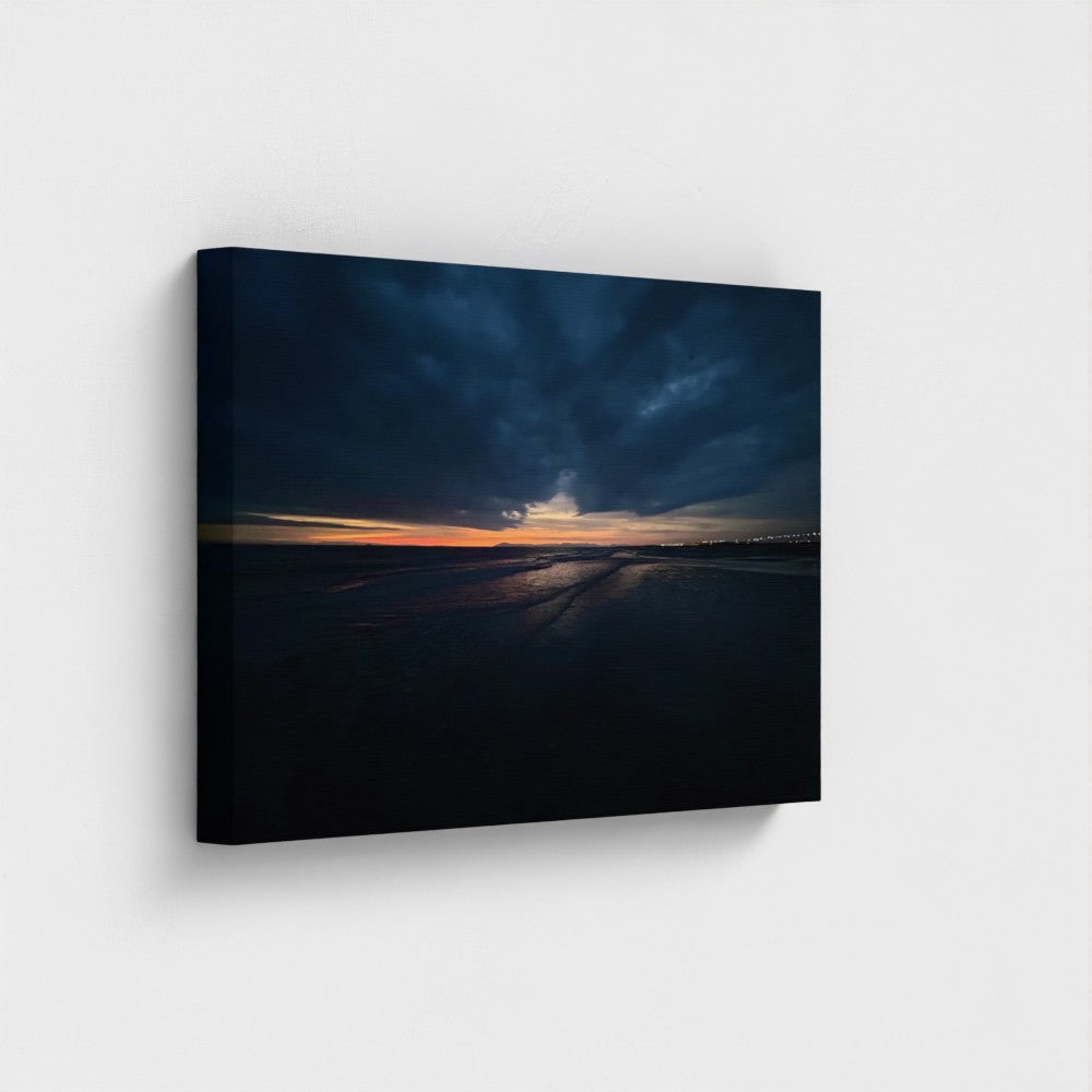 Eco Canvas Print Blackpool Beach Sunset, dramatic clouds lit by sunset over calm waters and a stretch of beach