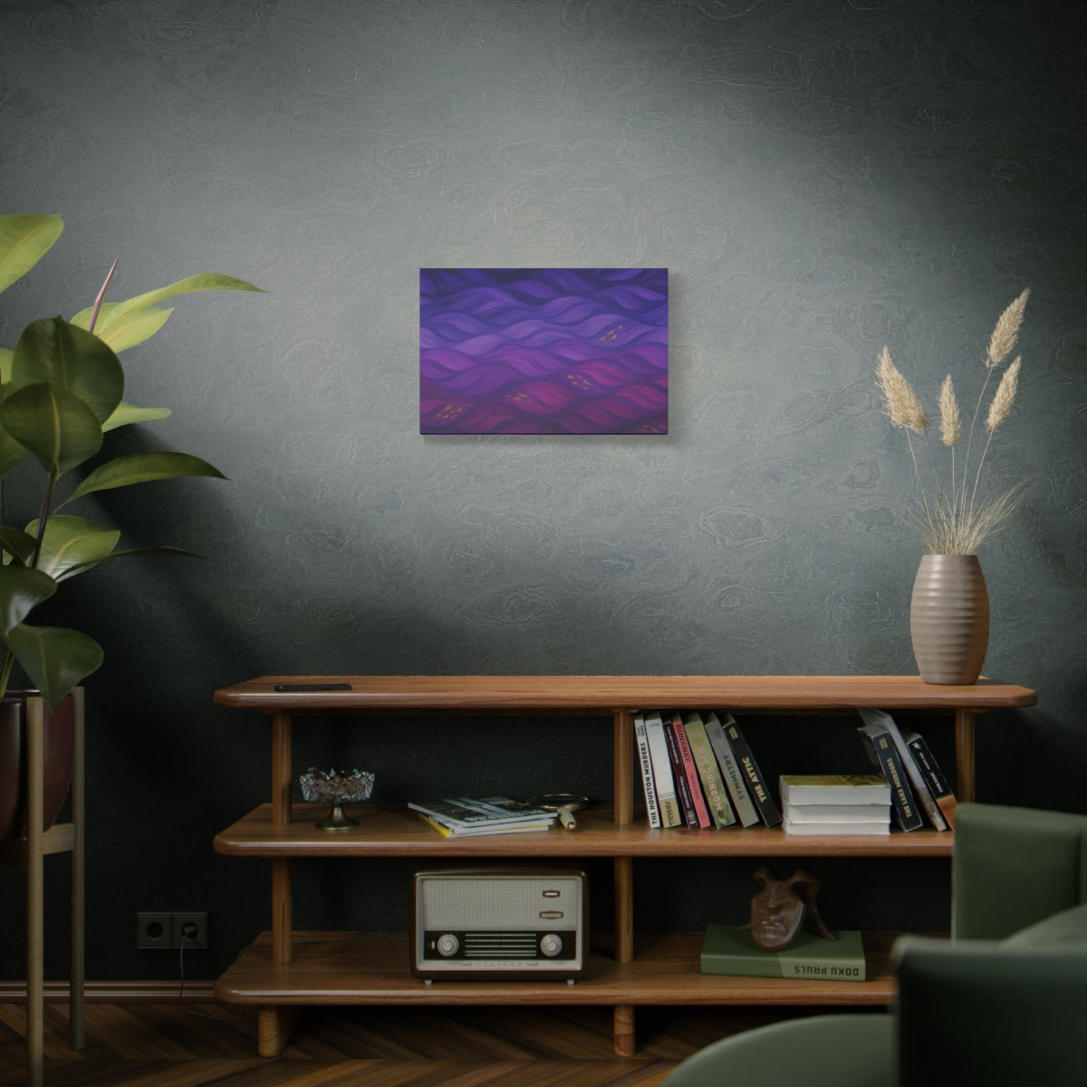front view mockup 24''x16'' Abstract canvas artwork with fluid plum and violet waves, accented by soft golden highlights and layered with tonal depth